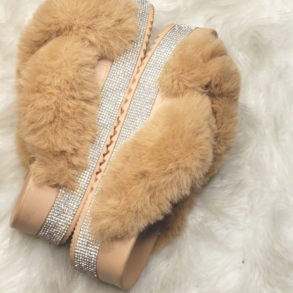 AZALEA WANG Sneaky Slippers faux fur snake rhinestone bling slides tan 7 - Picture 14 of 14